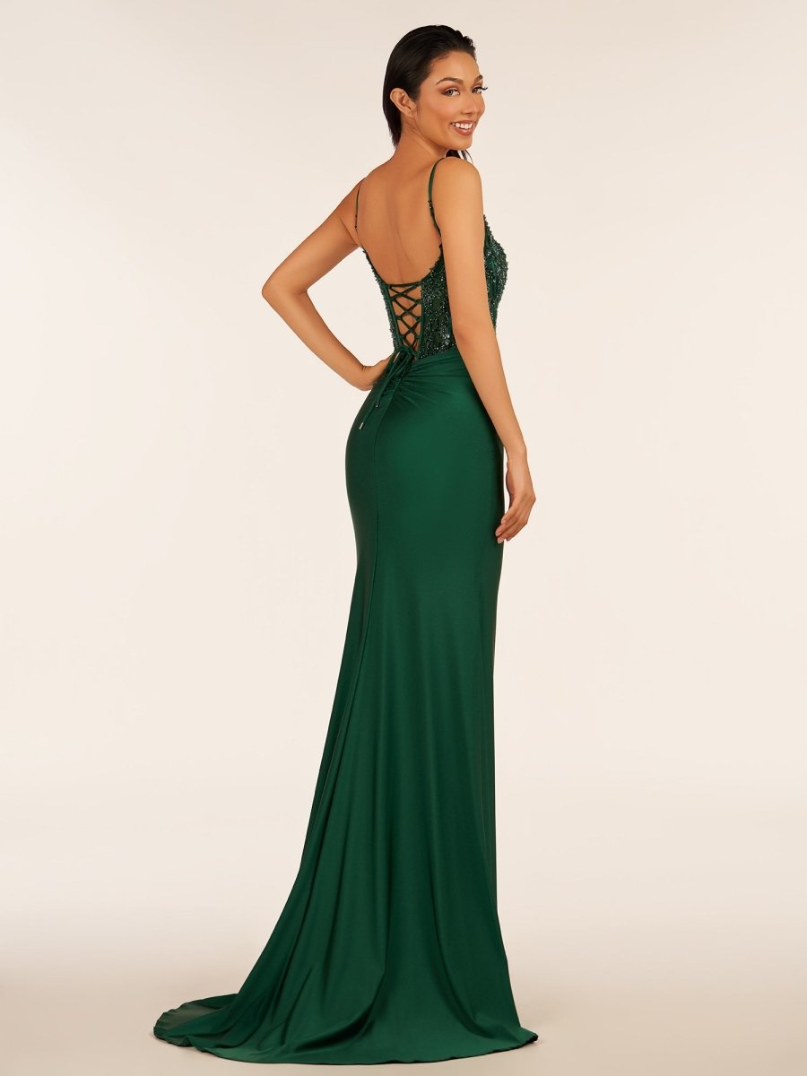 Rafenild | Green V Neck Beading Satin Long Slit Prom Dresses - KissProm