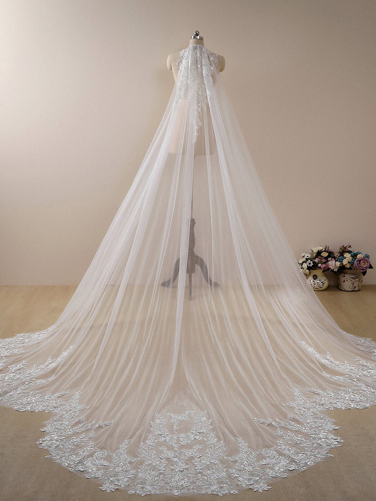 Vintage Floral Lace with Sequins Cathedral Veil Shaped Bridal Veil Wedding Veil