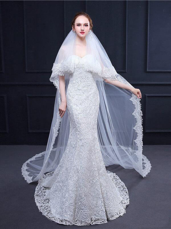 Two Tiers Ivory Lace Cathedral Veils