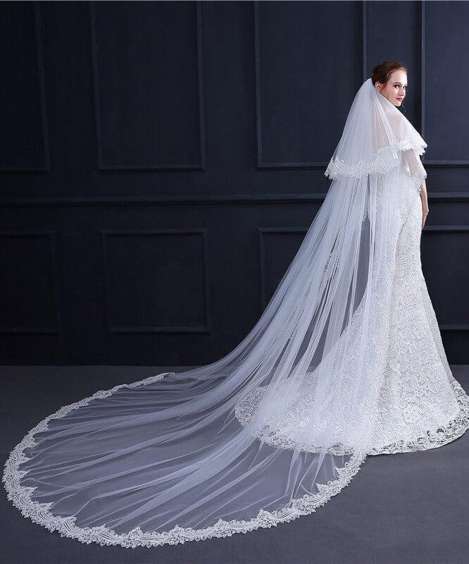 Two Tiers Ivory Lace Cathedral Veils