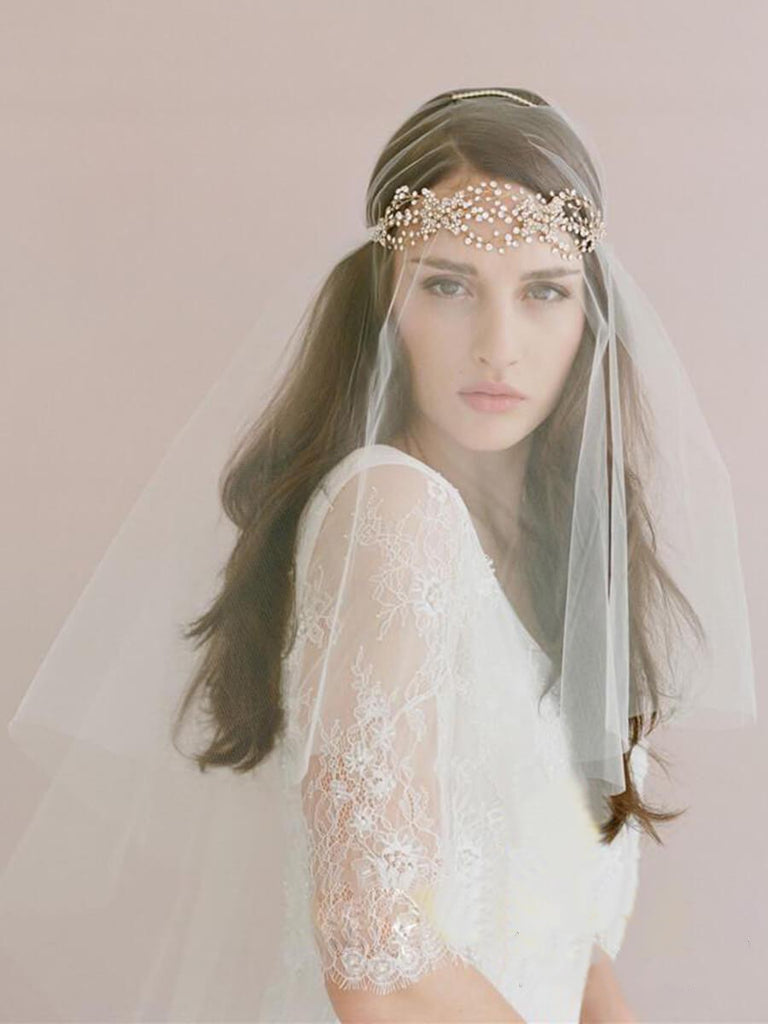 Traditional Drop Veil Blusher Wedding Veil with Crystal Headpiece