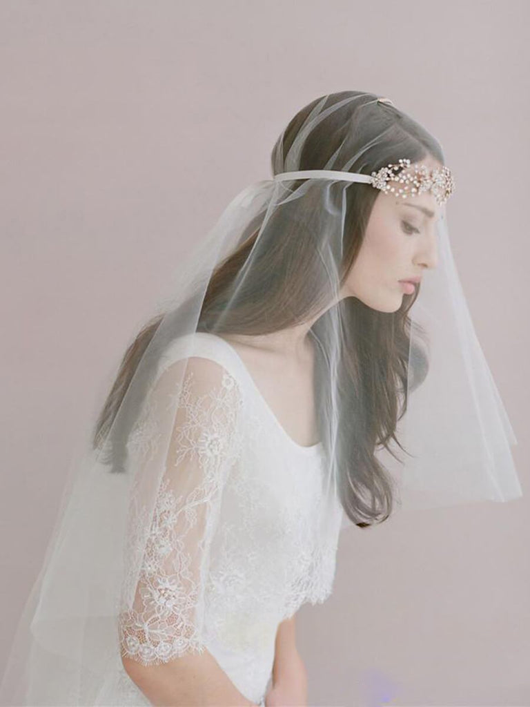 Traditional Drop Veil Blusher Wedding Veil with Crystal Headpiece