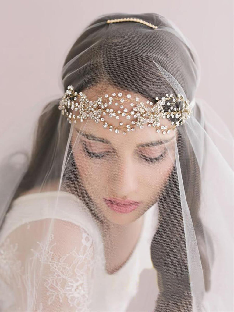 Traditional Drop Veil Blusher Wedding Veil with Crystal Headpiece