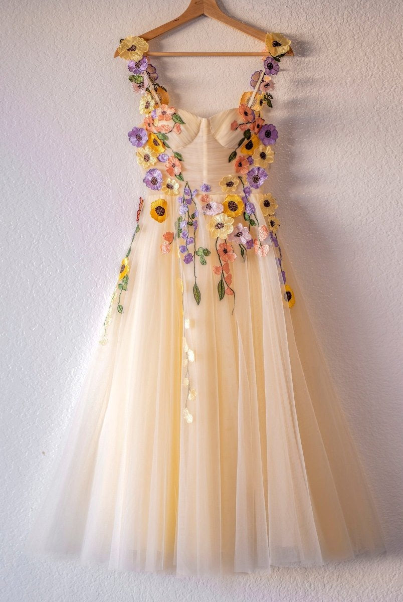 3D Flower Tulle Tea Length Prom Dresses - KissProm