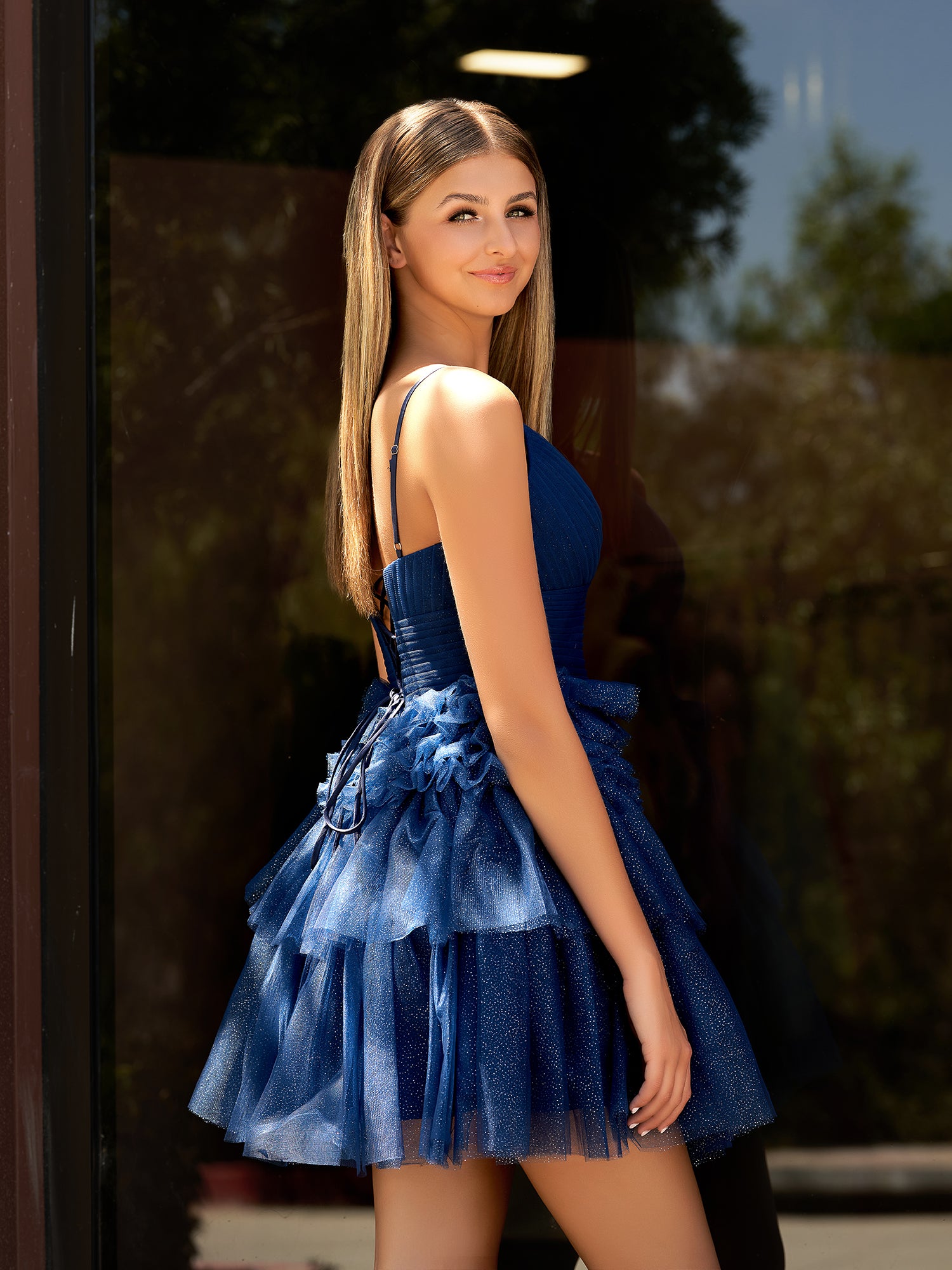 Pink A-Line Deep V Neck Tulle Tiered Homecoming Dresses