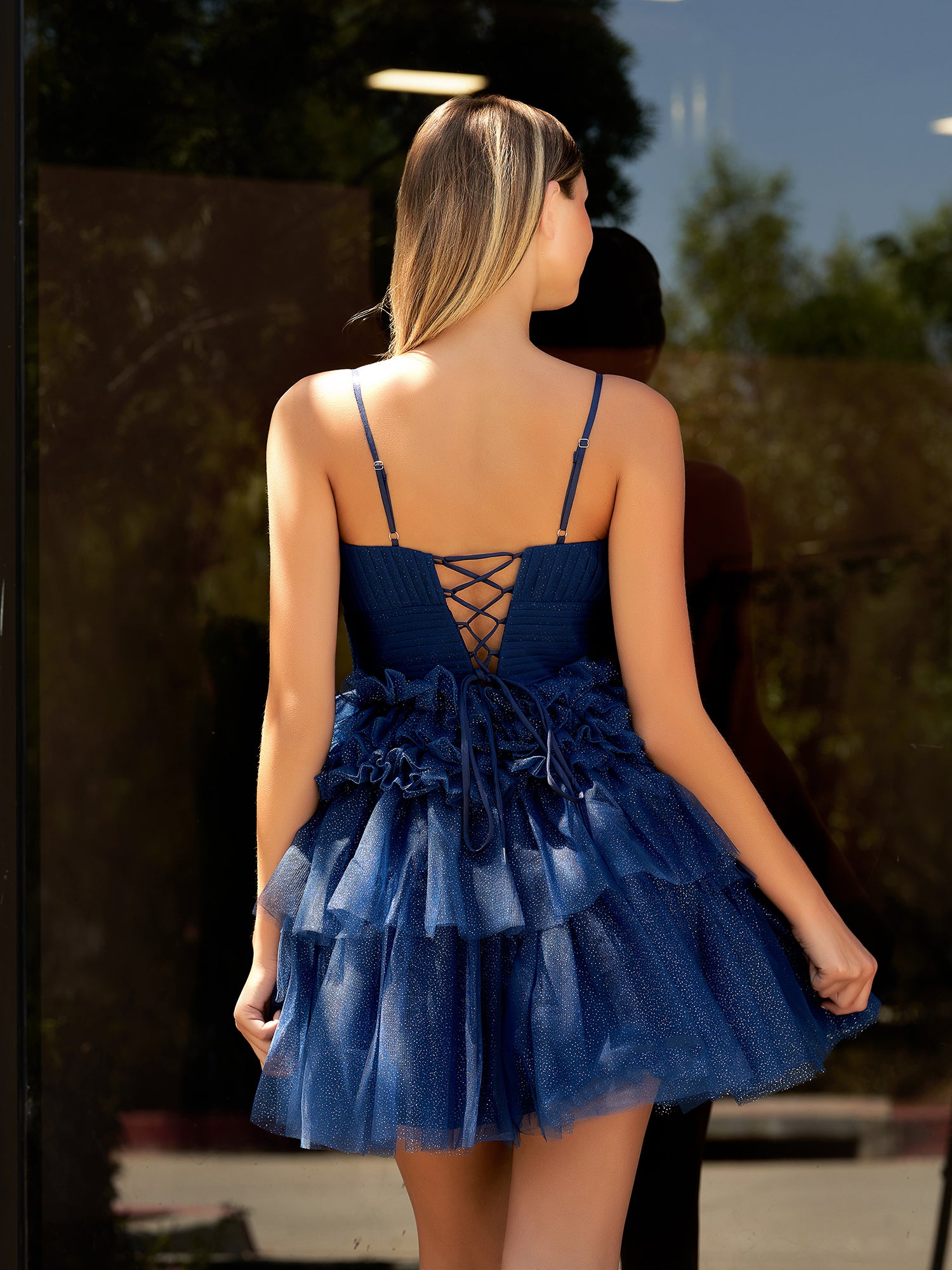 Pink A-Line Deep V Neck Tulle Tiered Homecoming Dresses