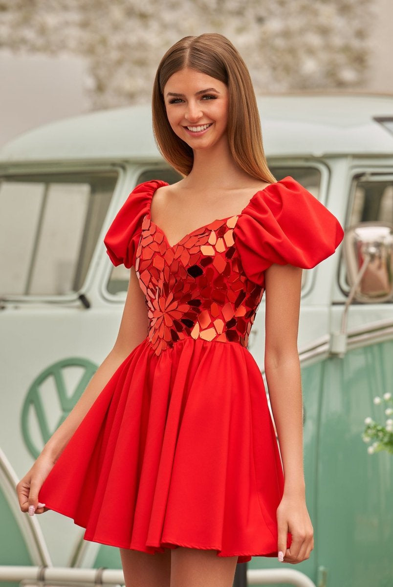 Galatea | A - Line Short Red Cut - Glass Sweetheartg Dress - KissProm