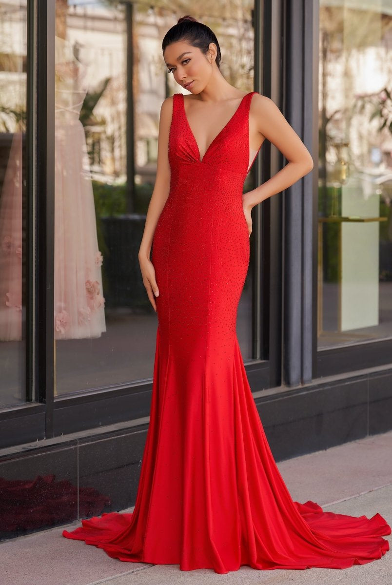 Molly | Mermaid Deep V - Neck Beaded Satin Long Prom Dress - KissProm