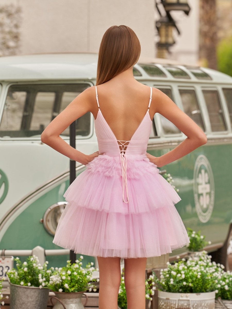 Layla | A - Line Deep V Neck Tiered Short Homecoming Dress - KissProm