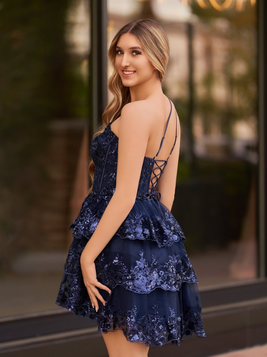 Emma | A Line One Shoulder Navy Tiered Lace Short Homecoming Dress - KissProm