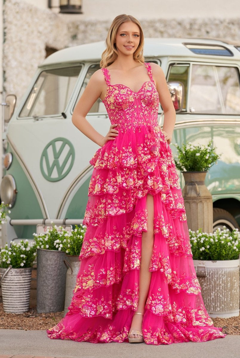 Capri | A - Line Lace Off - the - Shoulder Tiered Long Prom Dress with Slit - KissProm