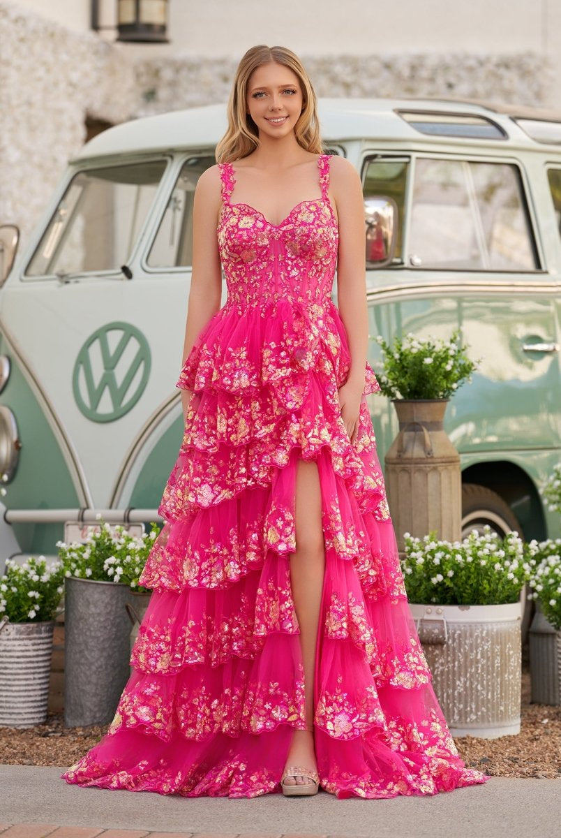 Capri | A - Line Lace Off - the - Shoulder Tiered Long Prom Dress with Slit - KissProm