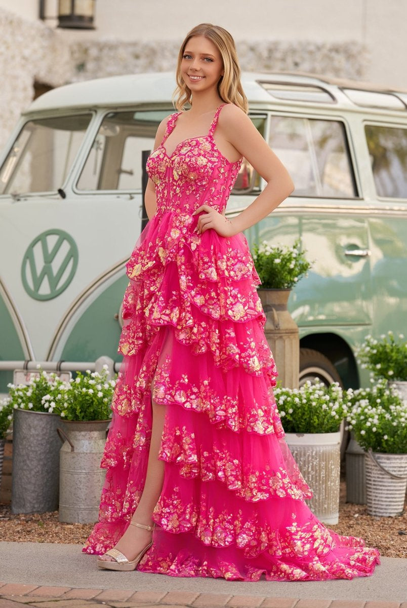 Capri | A - Line Lace Off - the - Shoulder Tiered Long Prom Dress with Slit - KissProm
