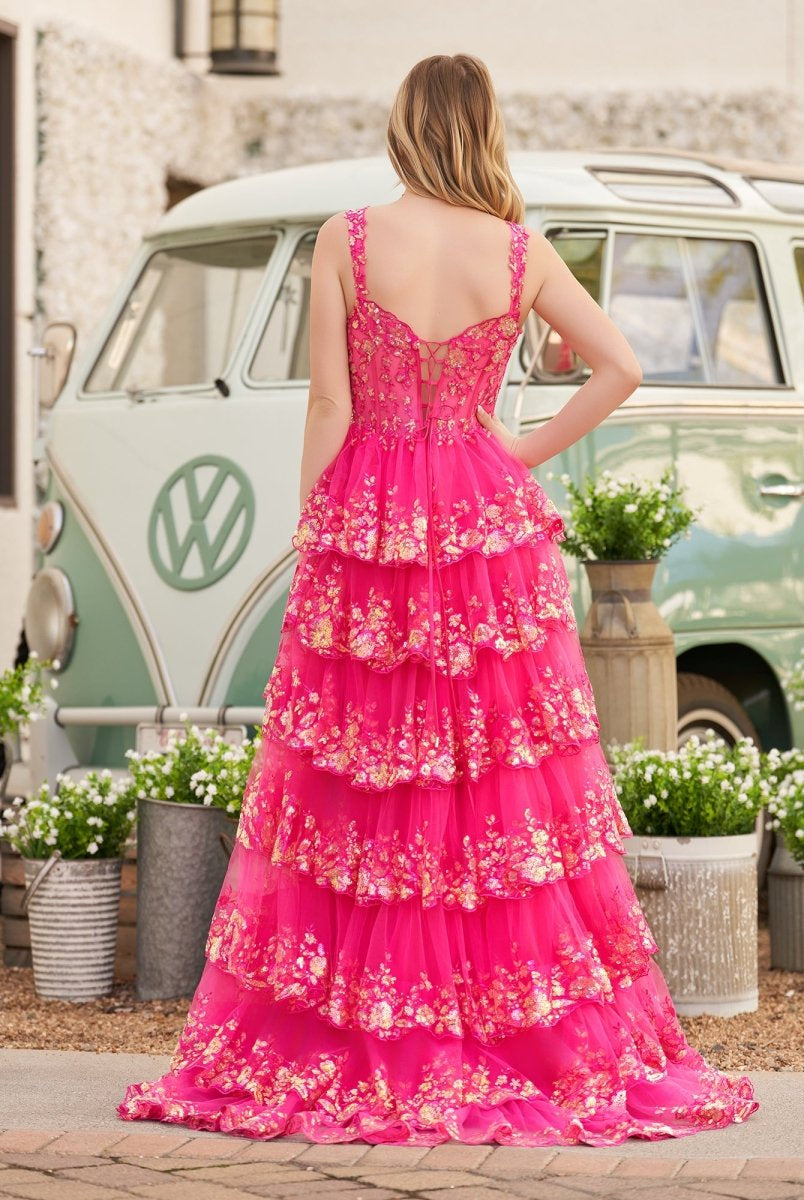 Capri | A - Line Lace Off - the - Shoulder Tiered Long Prom Dress with Slit - KissProm
