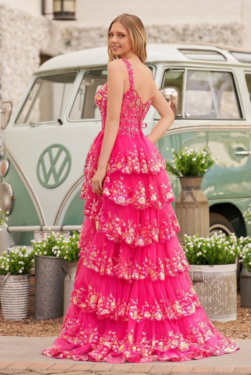 Capri | A - Line Lace Off - the - Shoulder Tiered Long Prom Dress with Slit - KissProm