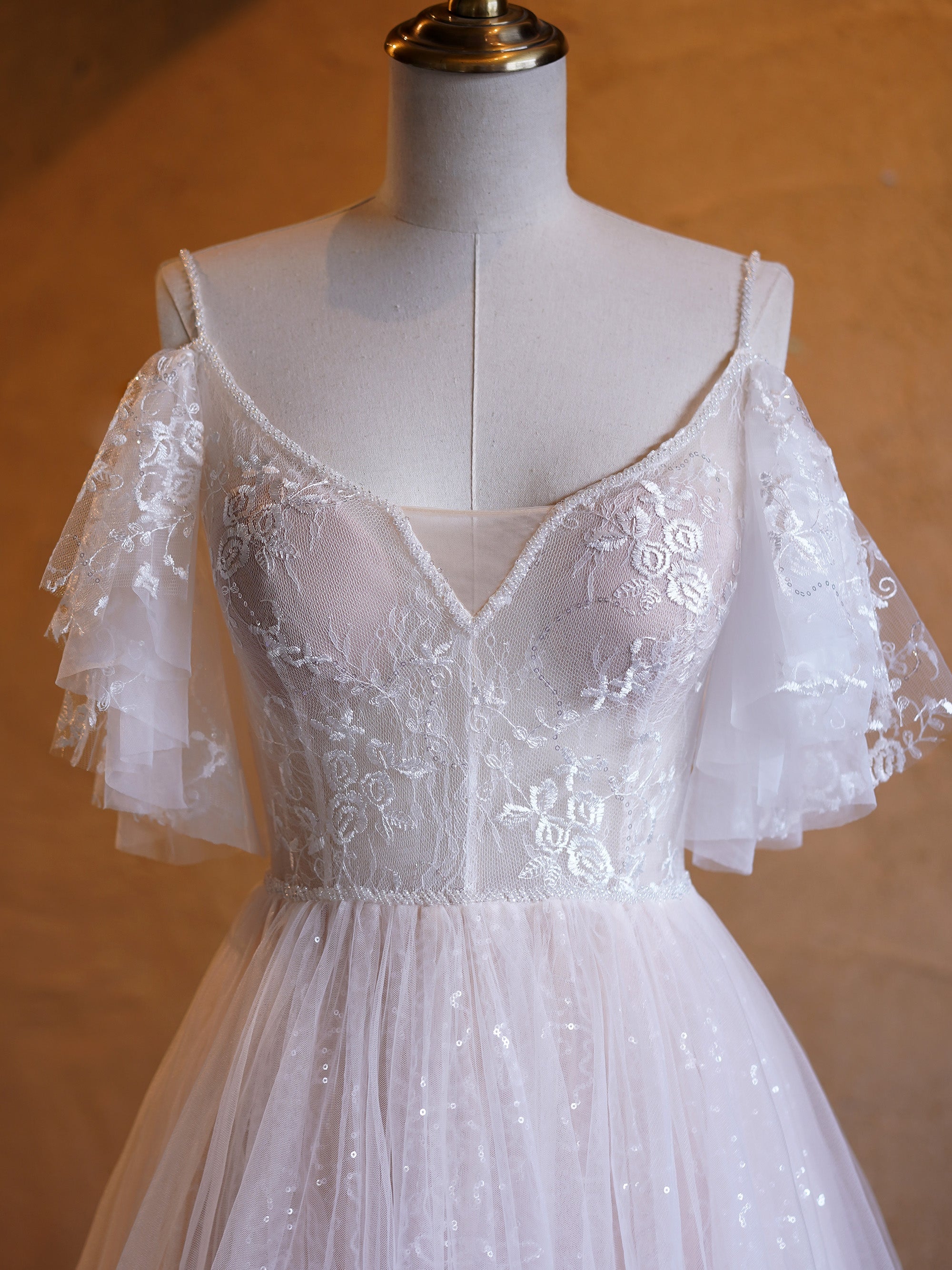 A-line V-neck Pearl Embellished Tulle Lace Floor Length Prom Dresses