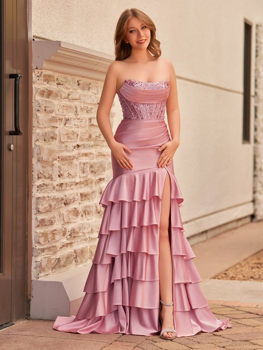 Yvonne | Charming Mermaid Strapless Pink Satin Long Prom Dresses with Appliques - KissProm