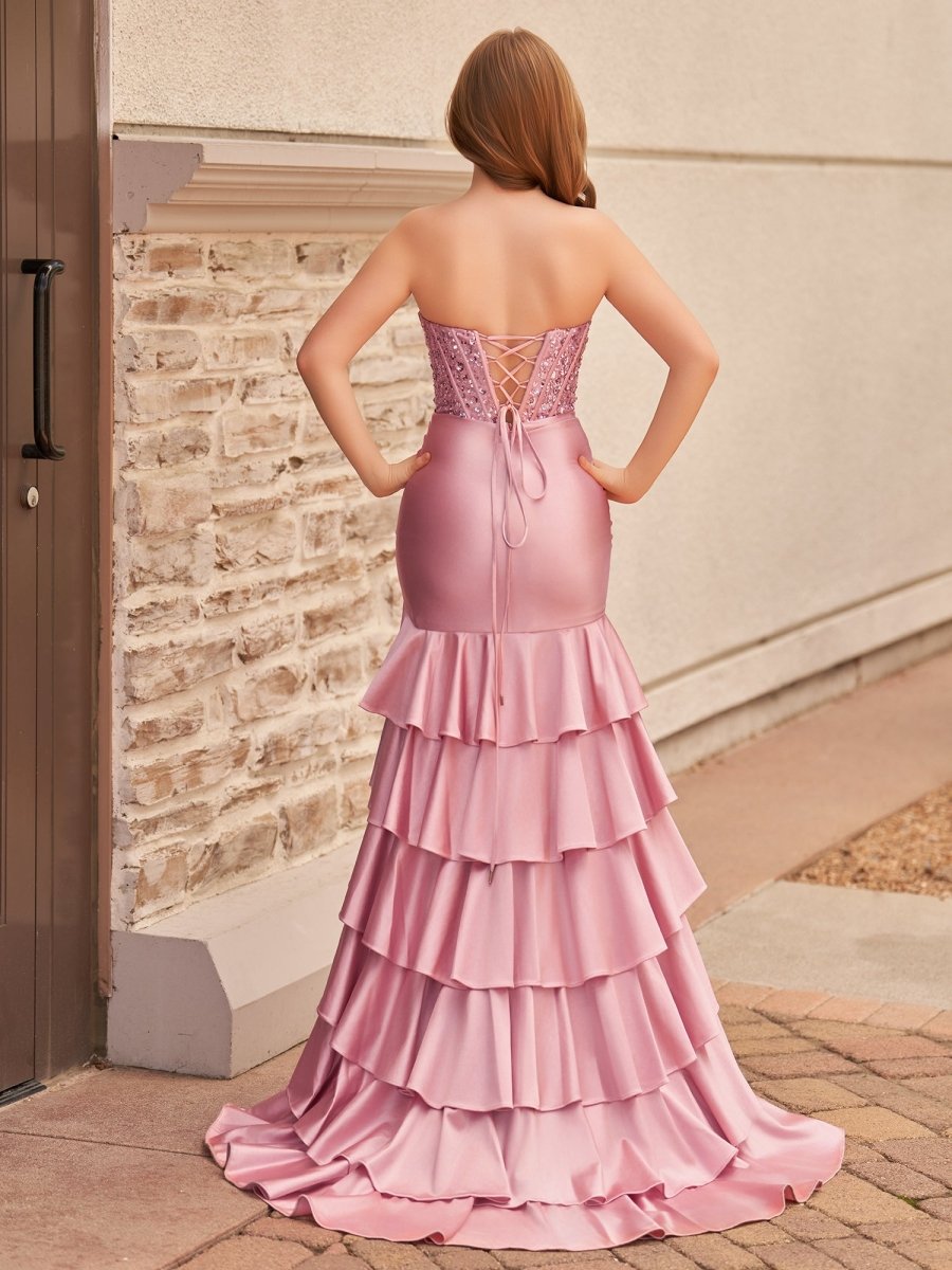 Yvonne | Charming Mermaid Strapless Pink Satin Long Prom Dresses with Appliques - KissProm