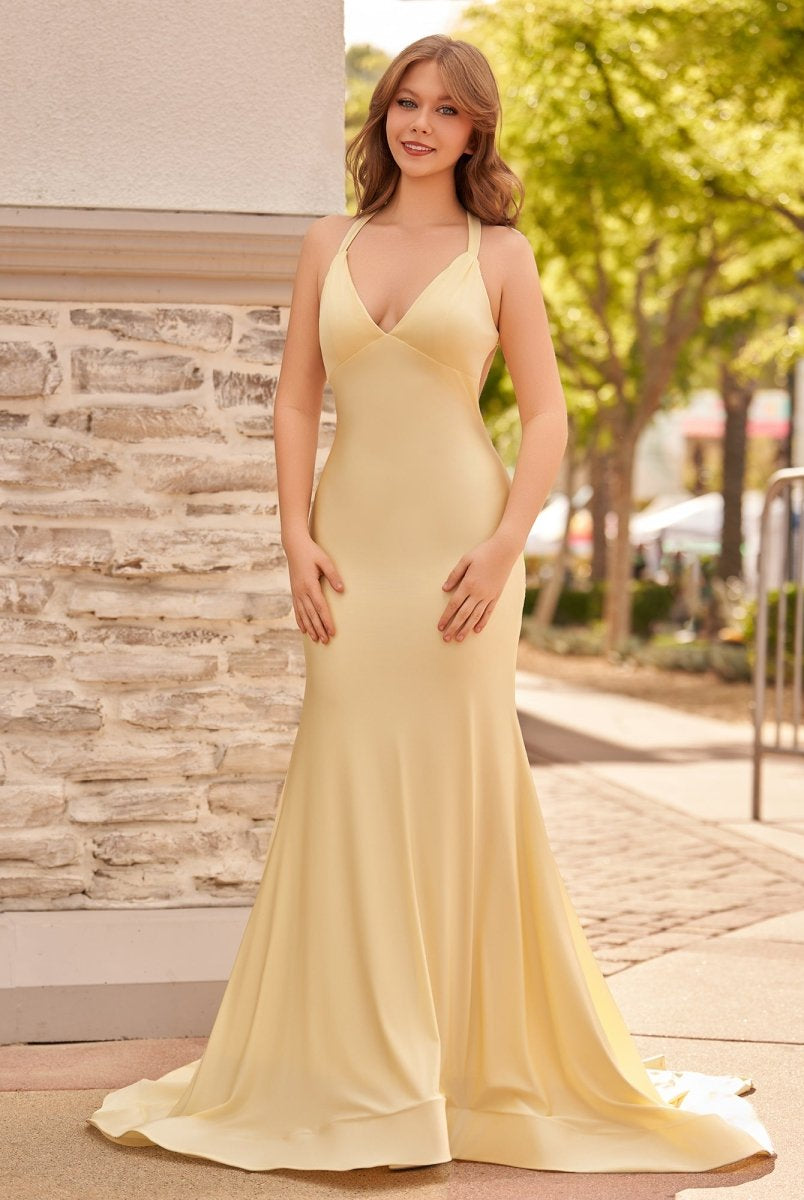 Quaylee | Yellow Mermaid V - Neck Satin Prom Dresses With Tail Evening Dress - KissProm
