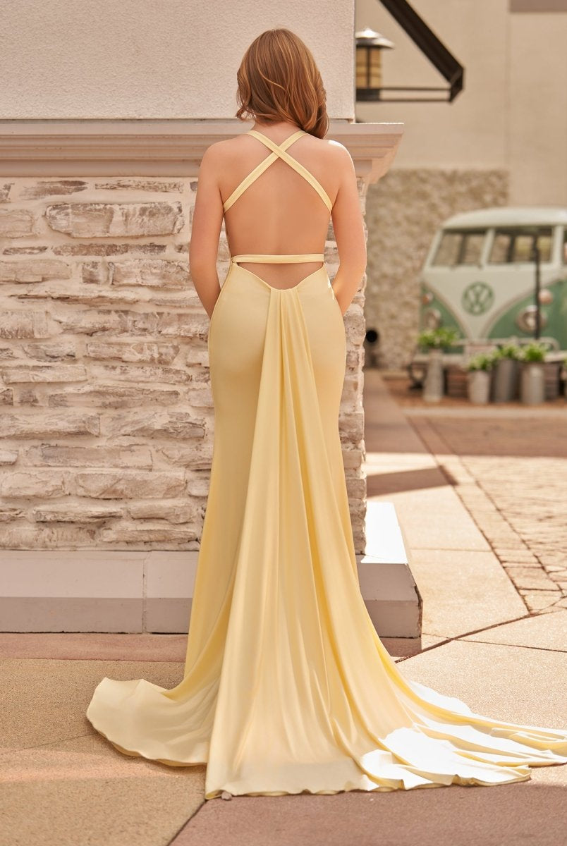 Quaylee | Yellow Mermaid V - Neck Satin Prom Dresses With Tail Evening Dress - KissProm