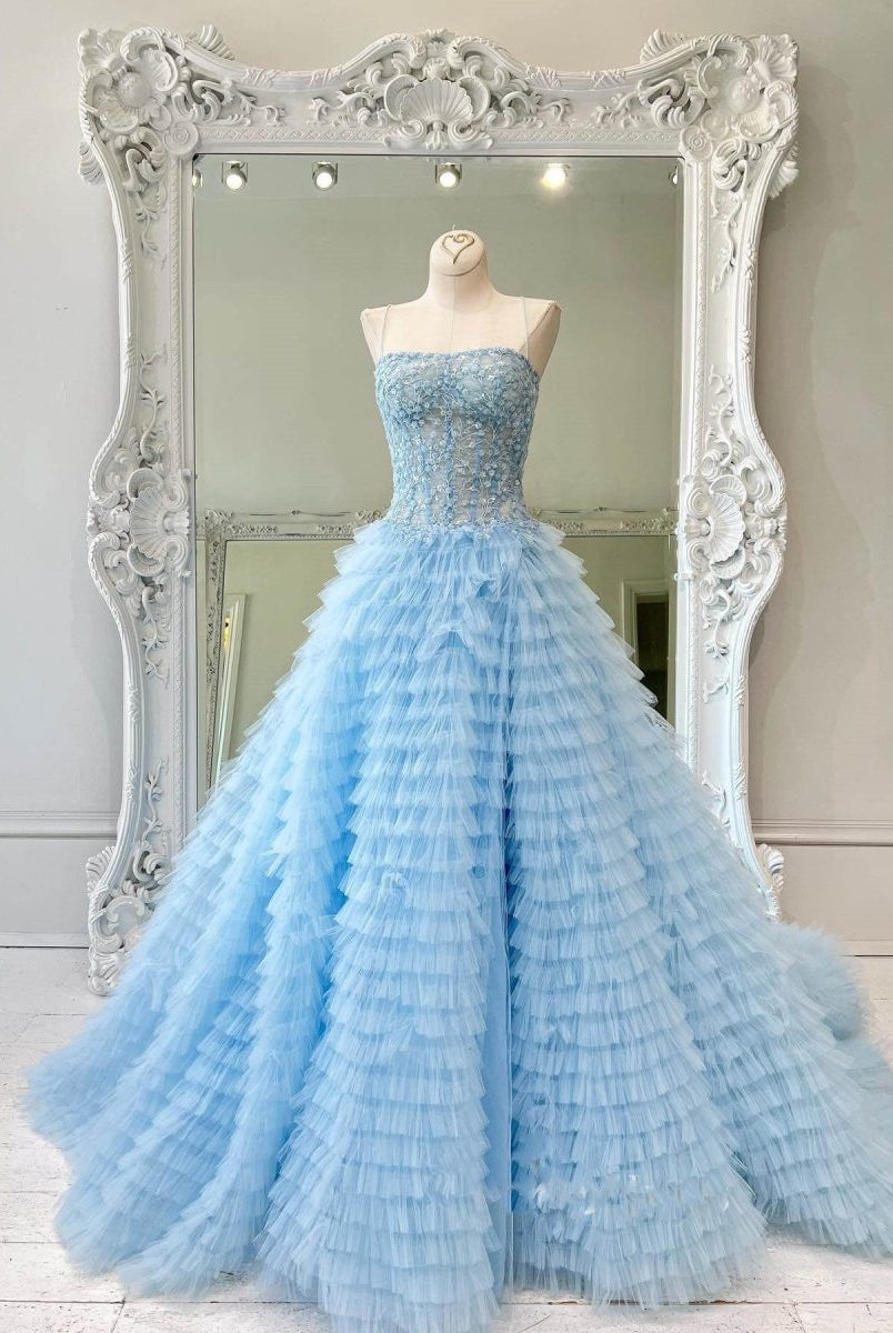 Jordan | A - Line Tiered Sequins Tulle Long Prom Dress - KissProm