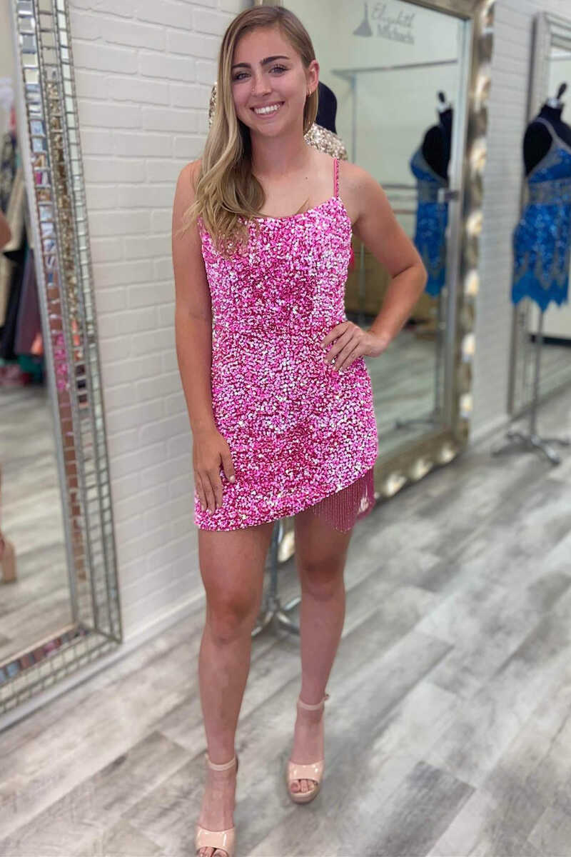 Bodycon Spaghetti Straps Sequins Homecoming Dress with Tassel