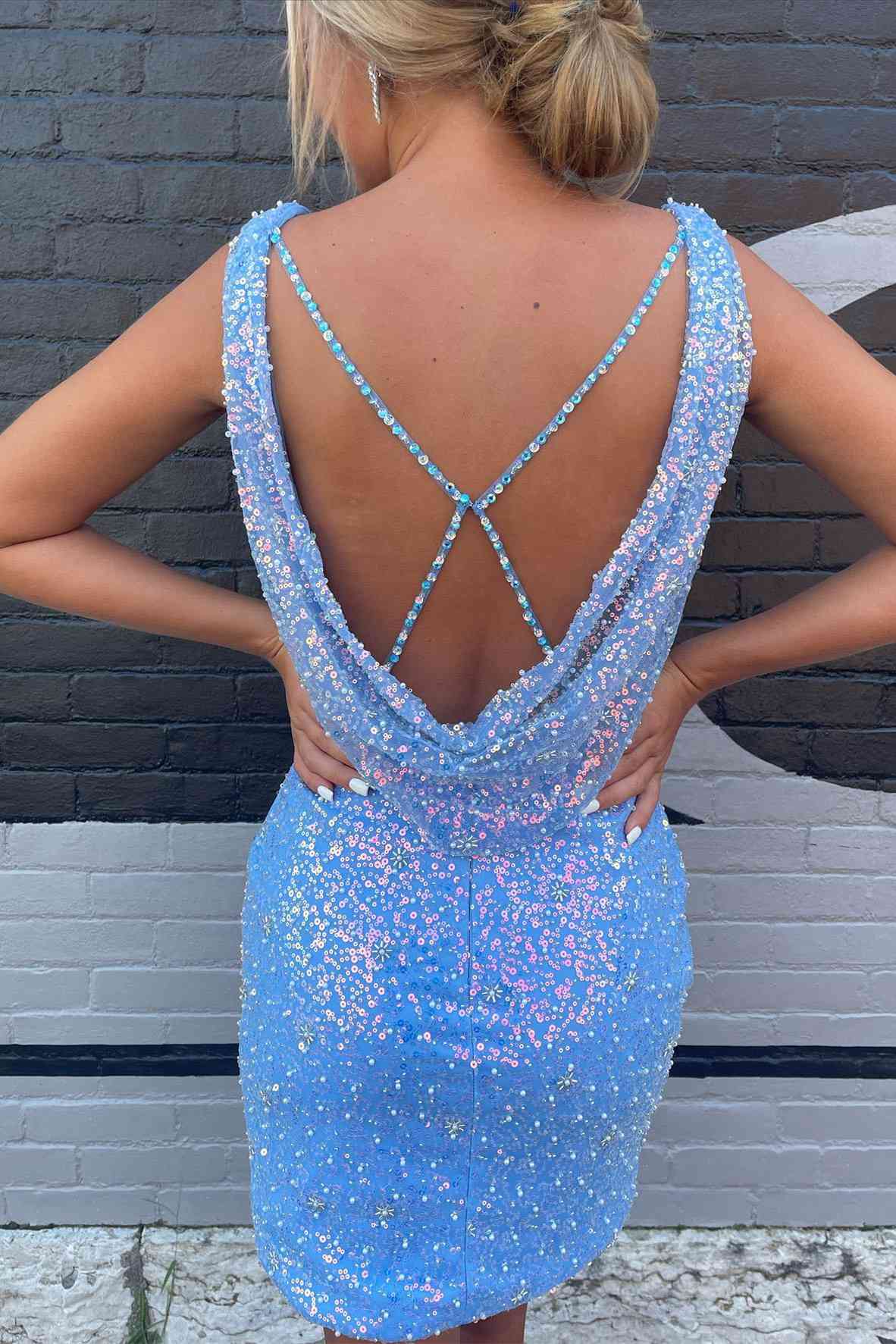 Sheath Sky Blue Sequins Homecoming Dress