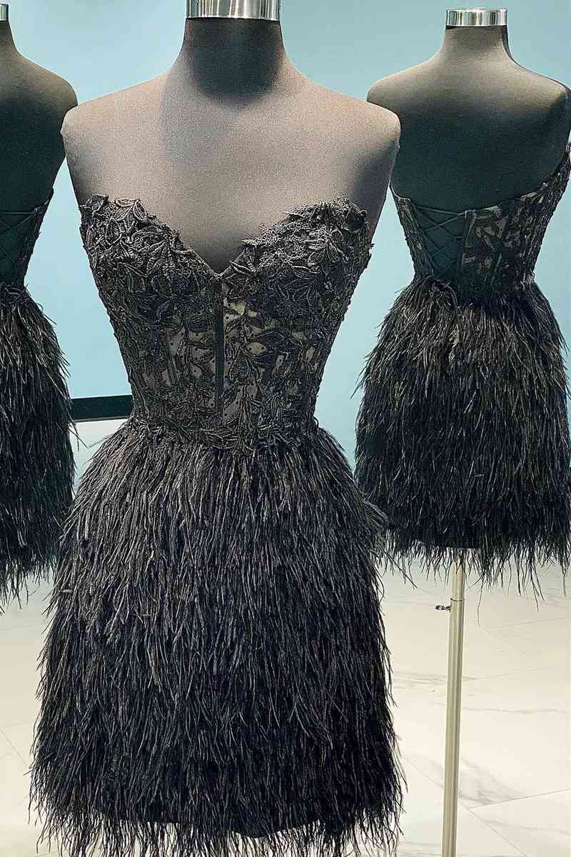 Sheath Sweetheart Lace Feather Skirt Homecoming Dress