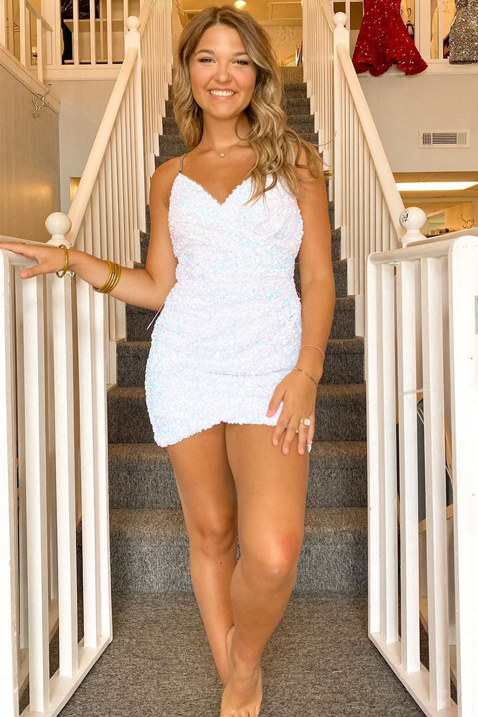 Short Bodycon Spaghetti Straps Sequins Homecoming Dress