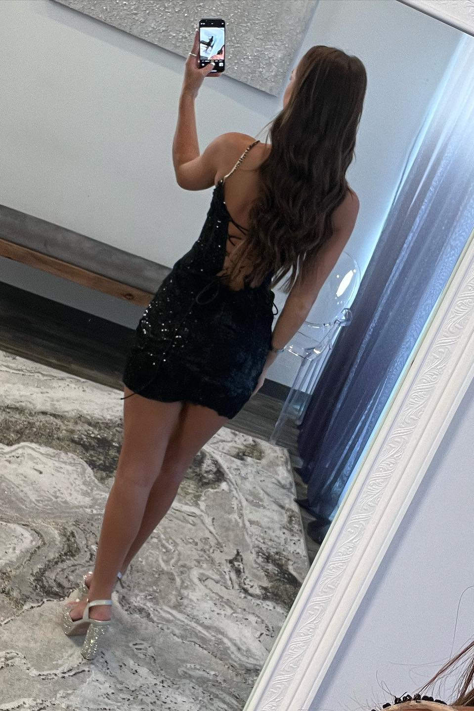 Black Sheath Spaghetti Straps Sequined Lace Homecoming Dress