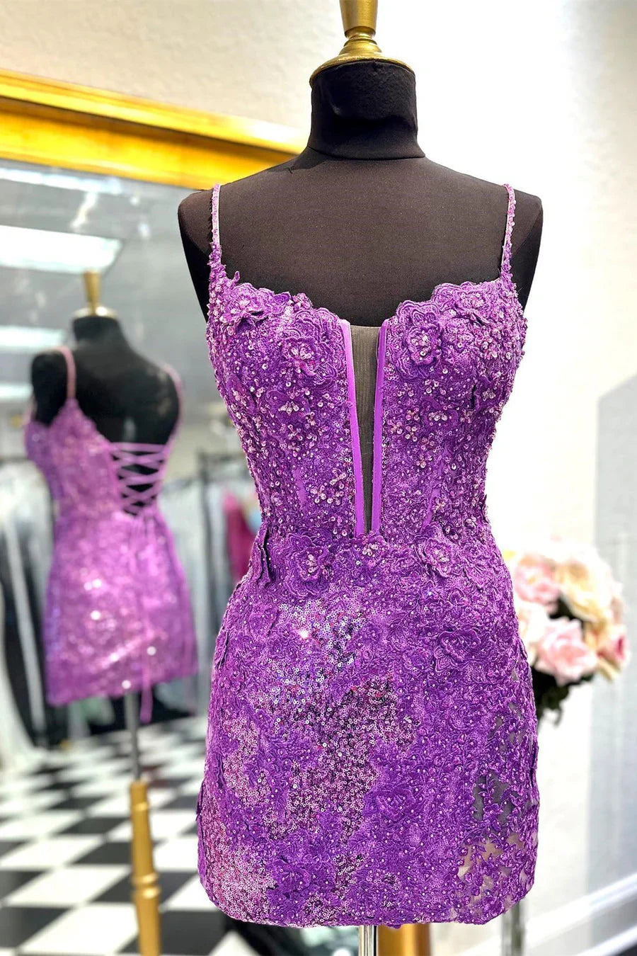 Black Sheath Spaghetti Straps Sequined Lace Homecoming Dress