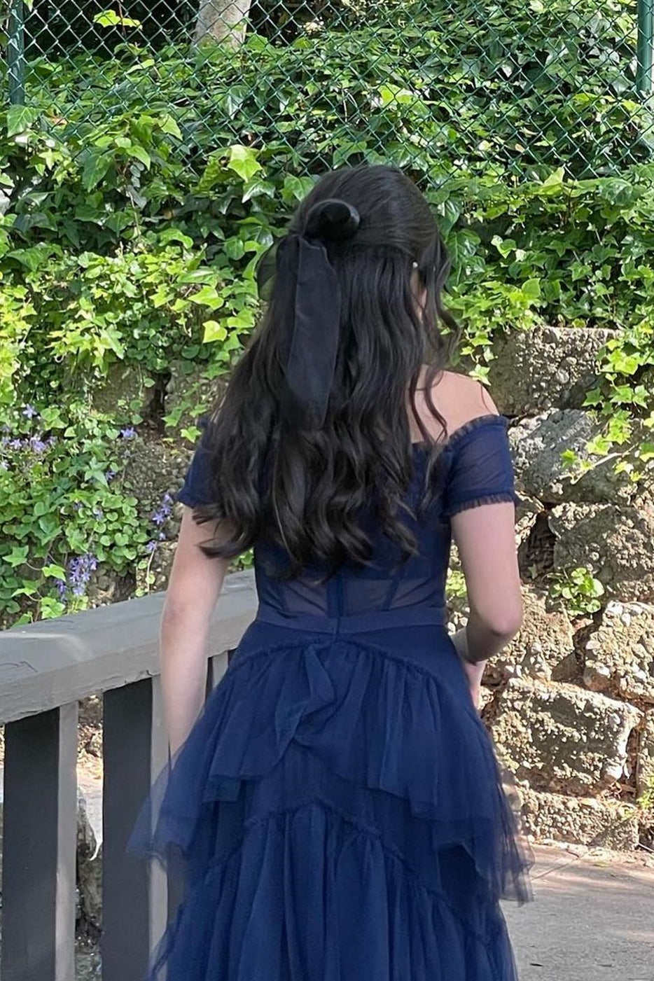 Off the Shoulder Black Tiered Tulle Lond Prom Dress
