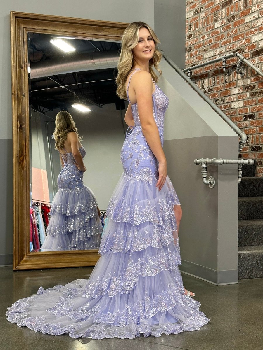 Andrea |Sheath One Shoulder Tiered Lace Long Prom Dress - KissProm