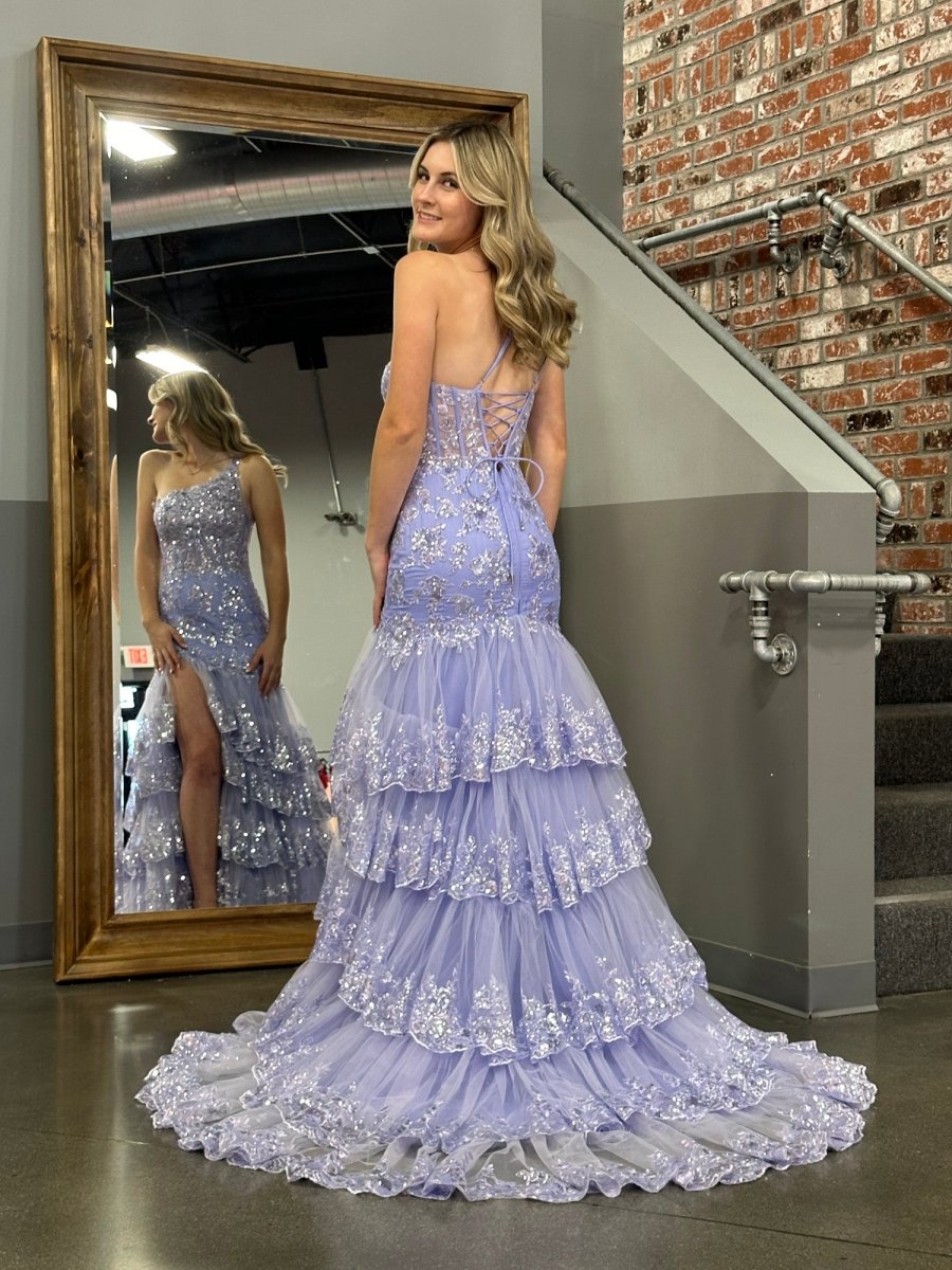 Andrea |Sheath One Shoulder Tiered Lace Long Prom Dress - KissProm