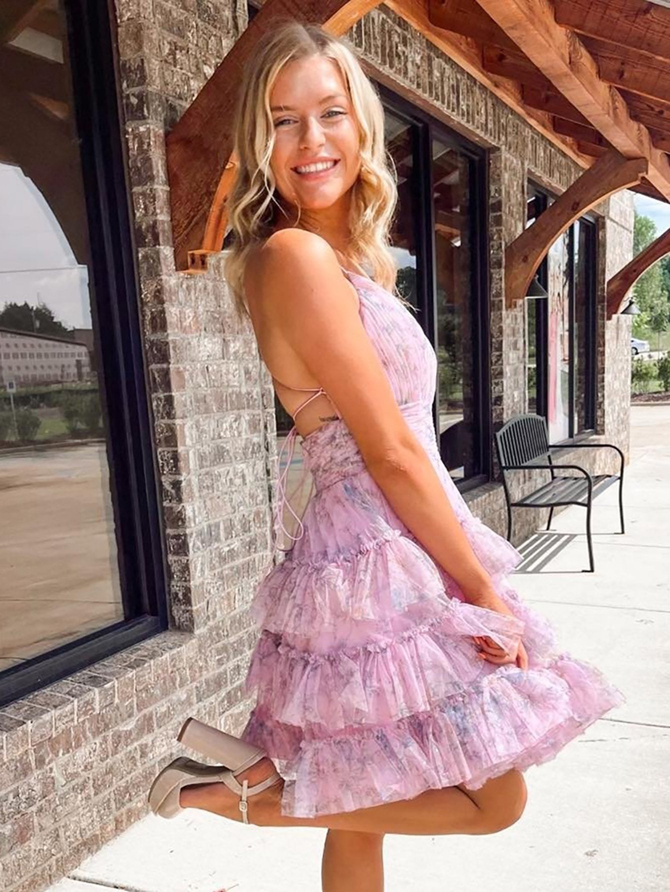 Pink A-Line V Neck Tiered Pinted Homecoming Dress