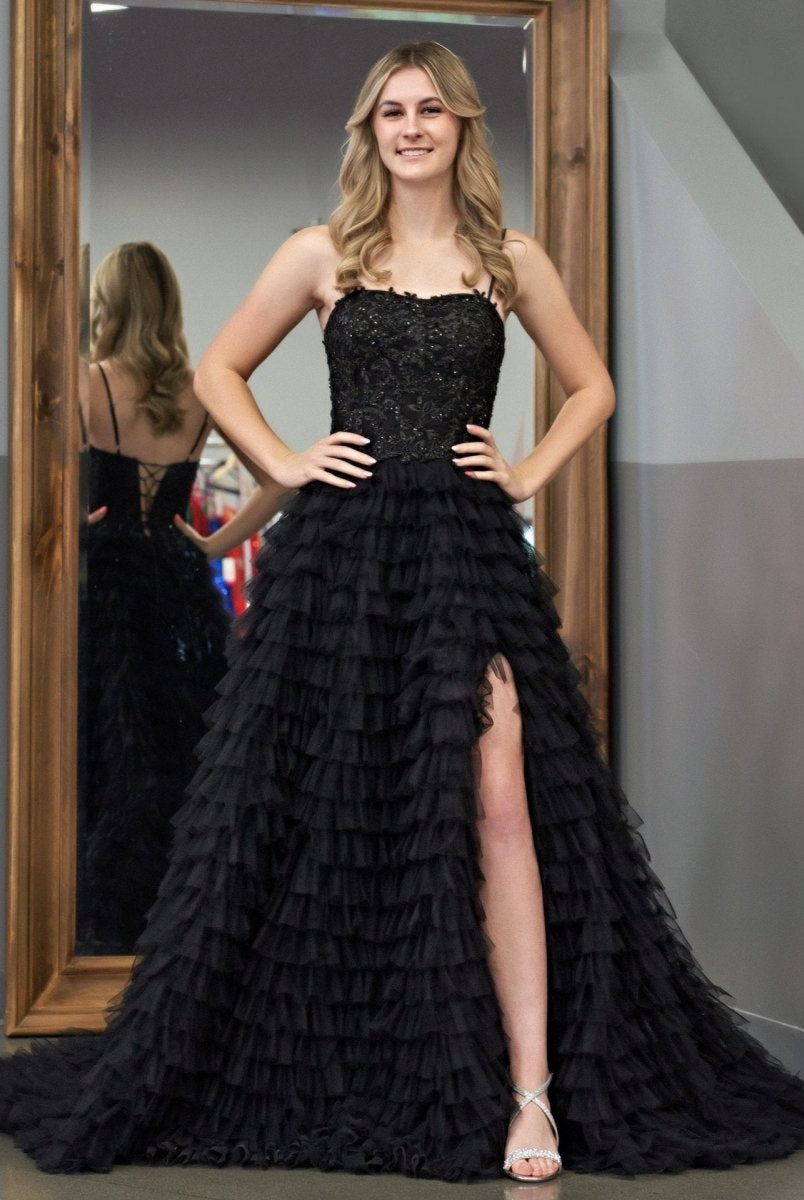 Jordan | Black A - Line Tiered Sequins Tulle Long Prom Dress - KissProm