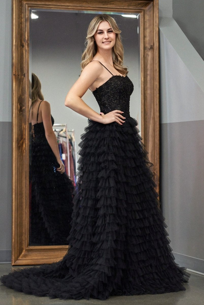 Jordan | Black A - Line Tiered Sequins Tulle Long Prom Dress - KissProm