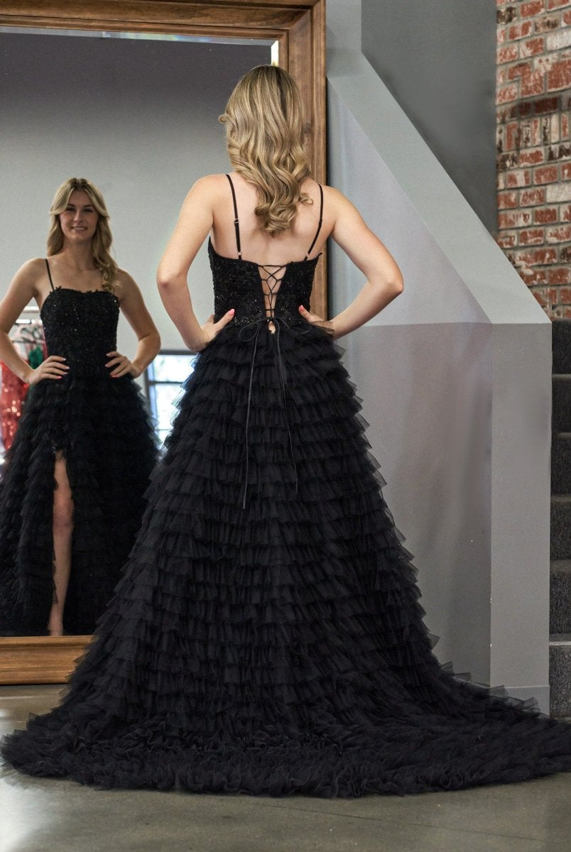 Jordan | Black A - Line Tiered Sequins Tulle Long Prom Dress - KissProm