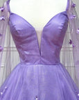 Lavender 3D Floral Lace A-Line Prom Dress with Cape Sleeves