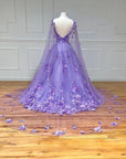 Lavender 3D Floral Lace A-Line Prom Dress with Cape Sleeves