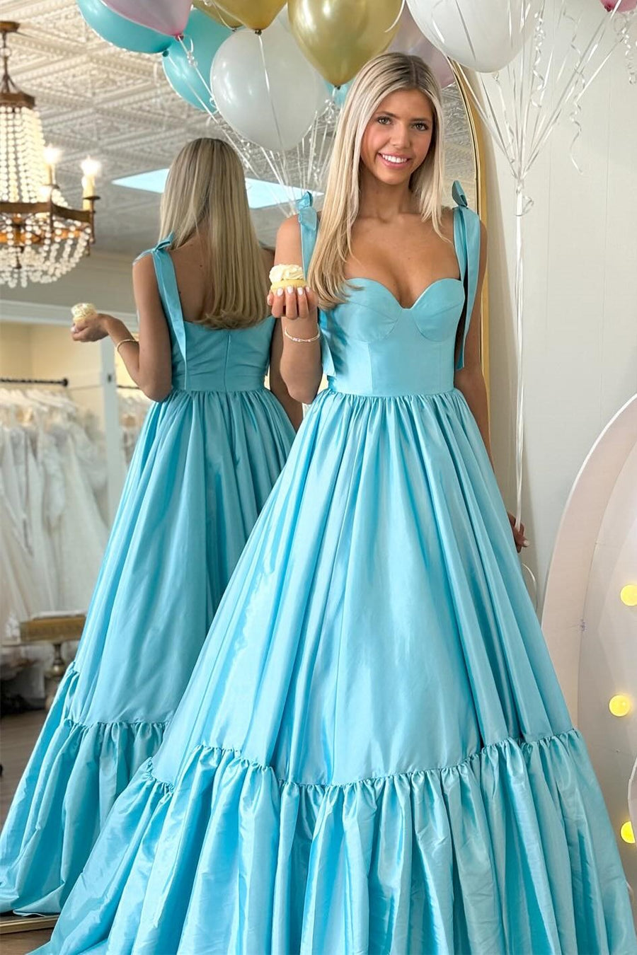 Red Sweetheart Bow Strap A-Line Long Prom Dress