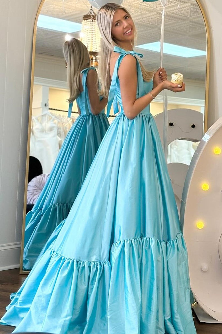Red Sweetheart Bow Strap A-Line Long Prom Dress