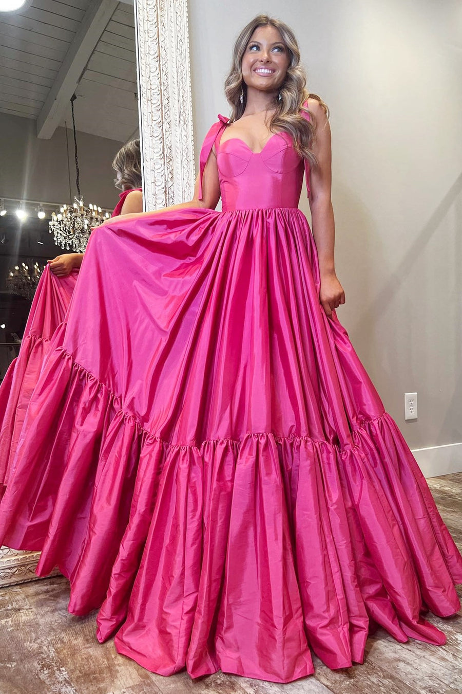 Red Sweetheart Bow Strap A-Line Long Prom Dress