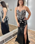 Black Sequin Appliques Spaghetti Strap Long Prom Dress with Slit
