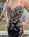 Black Sequin Appliques Spaghetti Strap Long Prom Dress with Slit