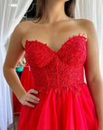 Red Tulle Appliques Sweetheart Ruffle Long Prom Dress