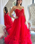 Red Tulle Appliques Sweetheart Ruffle Long Prom Dress