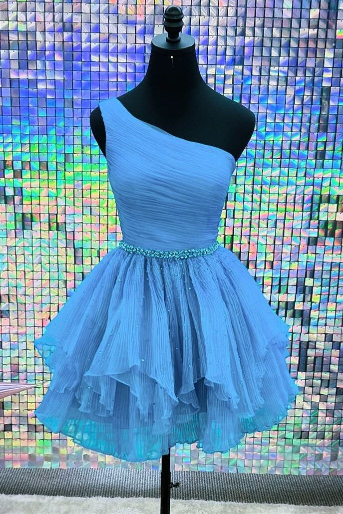 One-Shoulder Beaded Ruffle Homecoming Dress in Blue