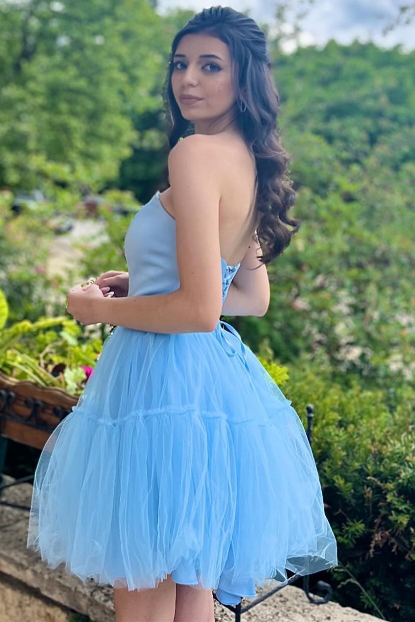 Sky Blue Strapless Lace-Up A-Line Homecoming Dress