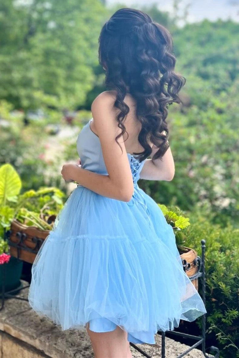 Sky Blue Strapless Lace-Up A-Line Homecoming Dress